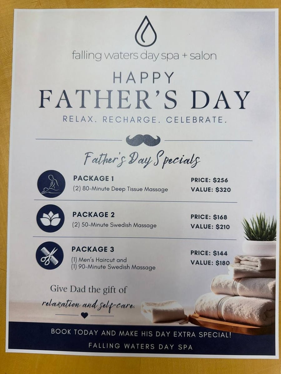 Father's Day Specials flyer — Package 1: Two 80-Minute Deep Tissue Massages $256, Package 2: Two 50-Minute Swedish Massages $168, Package 3: Men's Haircut plus 90-Minute Swedish Massage $144